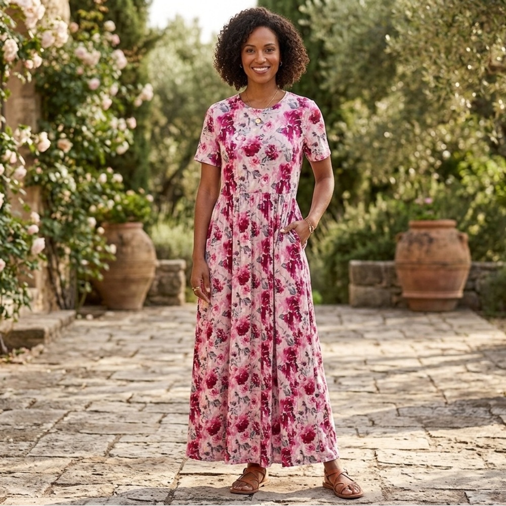 ⚪️ HB Boutique Pink & Burgundy Floral Maxi Dress - Size 2X
